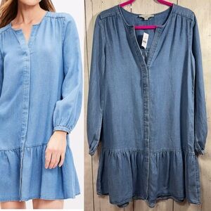 Loft Chambray Denim Ruffle Hem Shift Dress Long Sleeve V Neck Size S Linen Blend